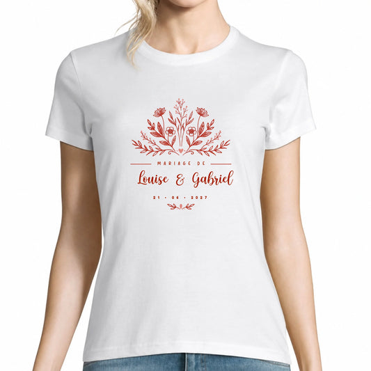 T-shirt femme blanc mariage personnalisé Prénoms & Date des Mariés | Vulpa