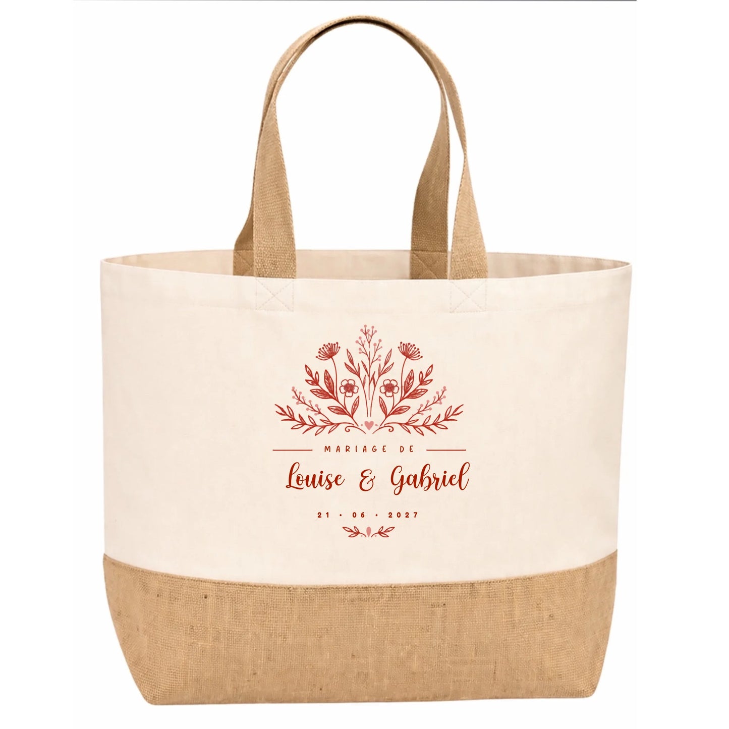 Sac en jute Mariage Beige personnalisé avec prénoms et date - design floral Vulpa