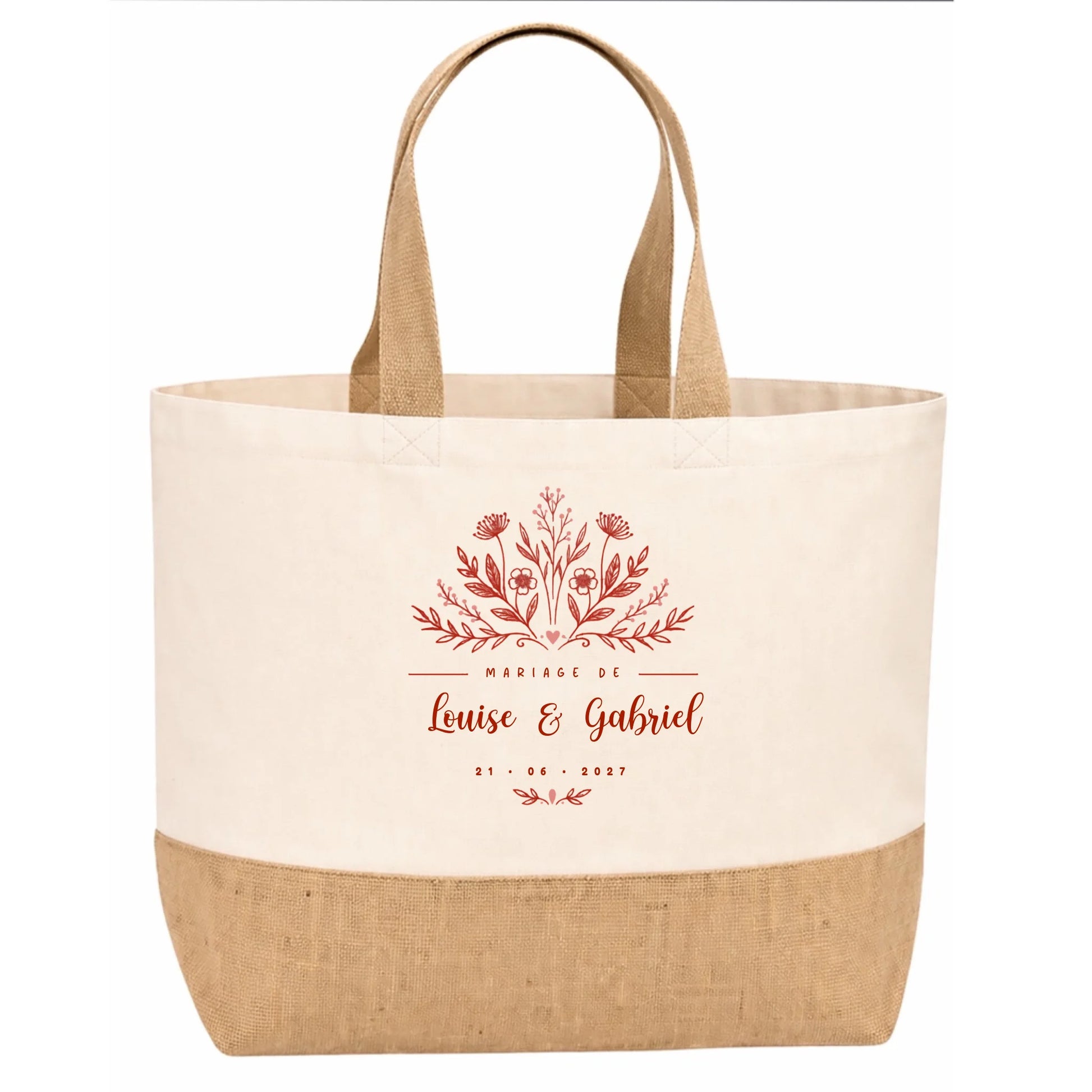 Sac en jute Mariage Beige personnalisé avec prénoms et date - design floral Vulpa