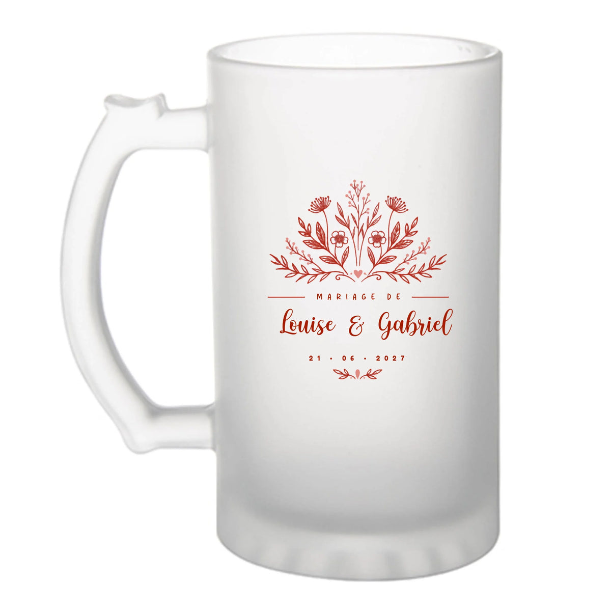 Chope à bière Mariage personnalisée avec prénoms et date - design floral Vulpa