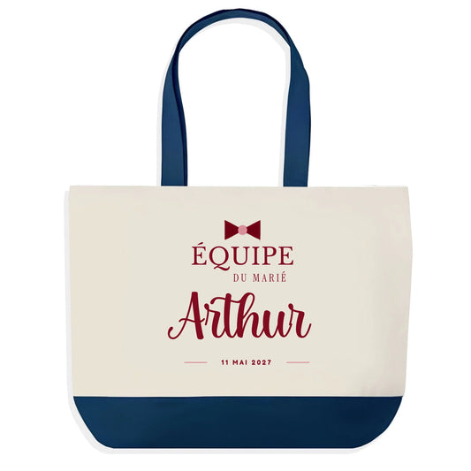 Sac en jute bleu EVG personnalisé Équipe du Marié avec prénom