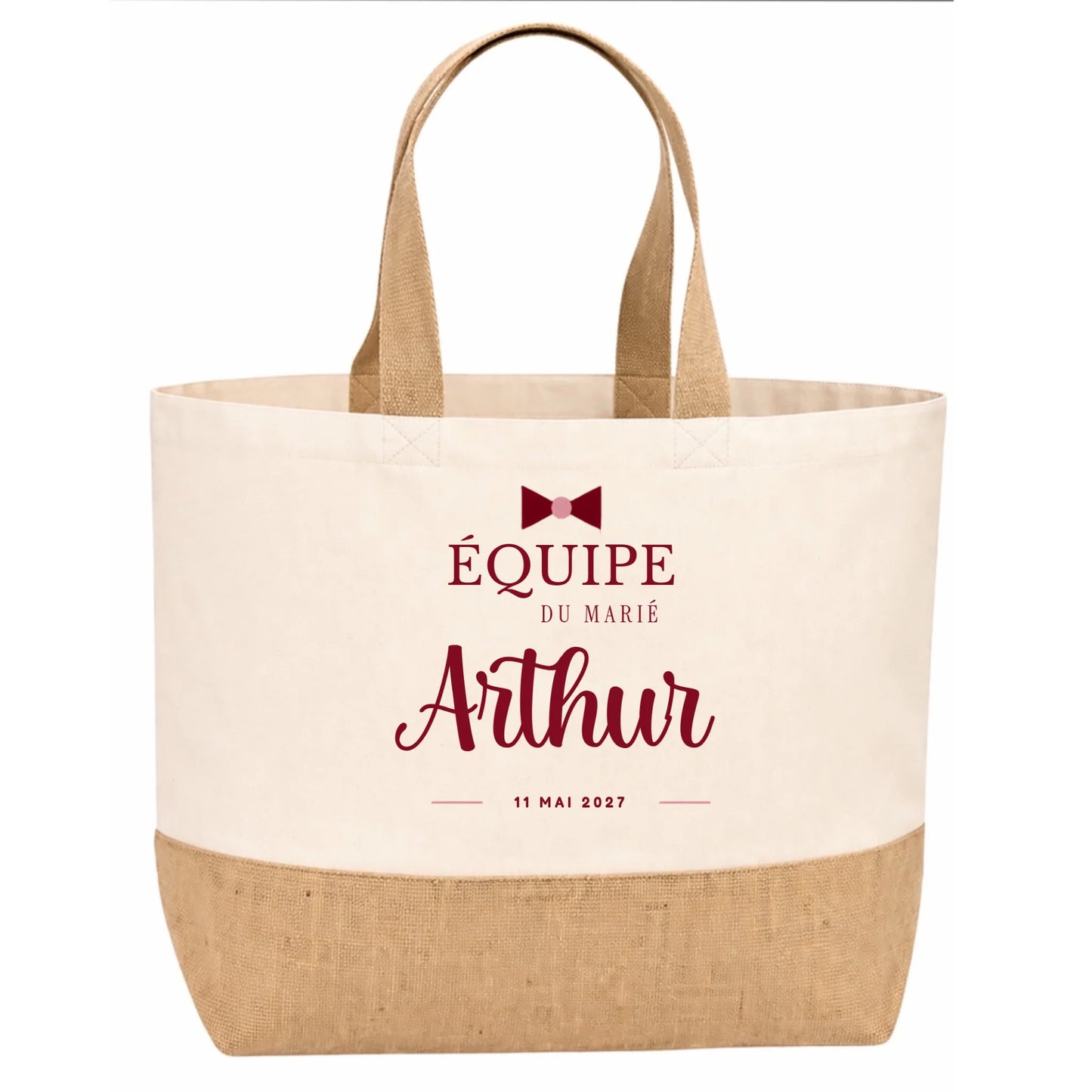 Sac en jute beige EVG personnalisé Équipe du Marié avec prénom