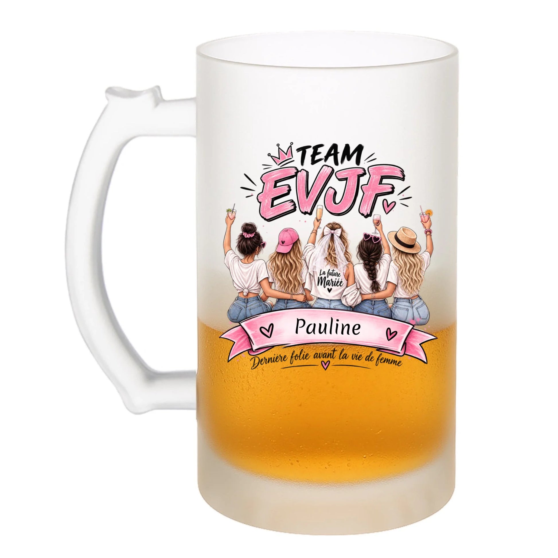 Chope à bière personnalisée Team EVJF vue de dos avec prénom de la future mariée