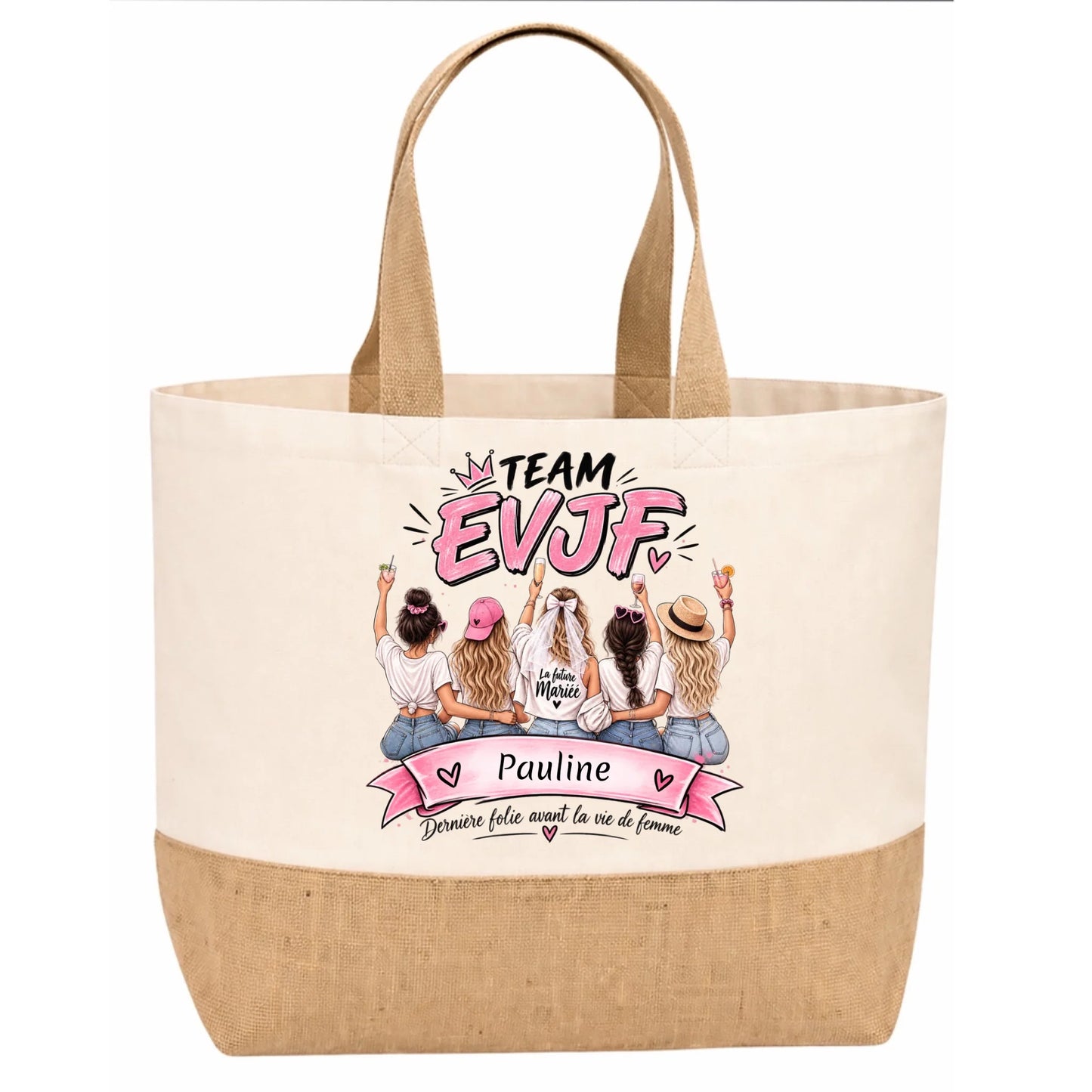 Sac en jute beige personnalisé Team EVJF avec prénom de la future mariée