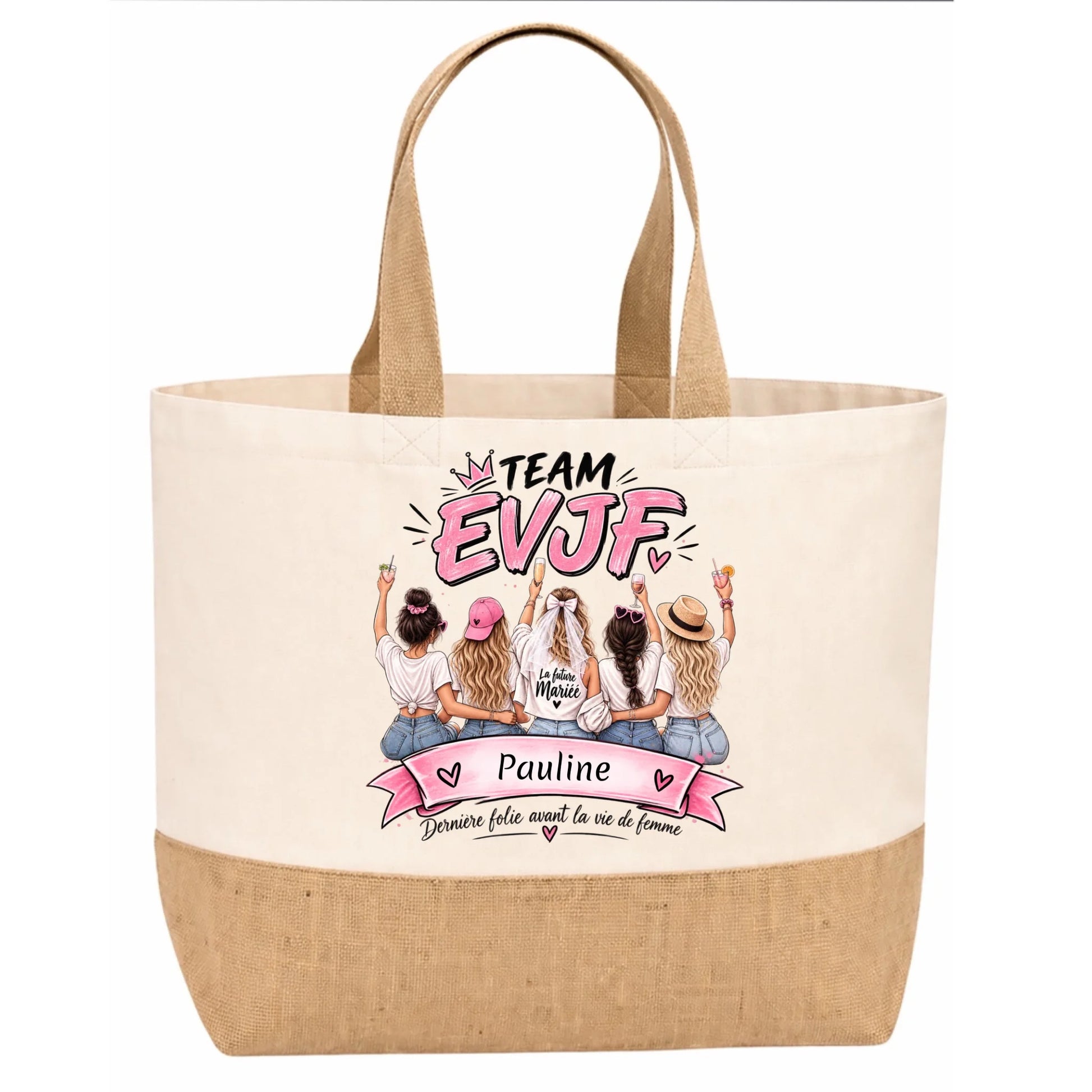 Sac en jute beige personnalisé Team EVJF avec prénom de la future mariée
