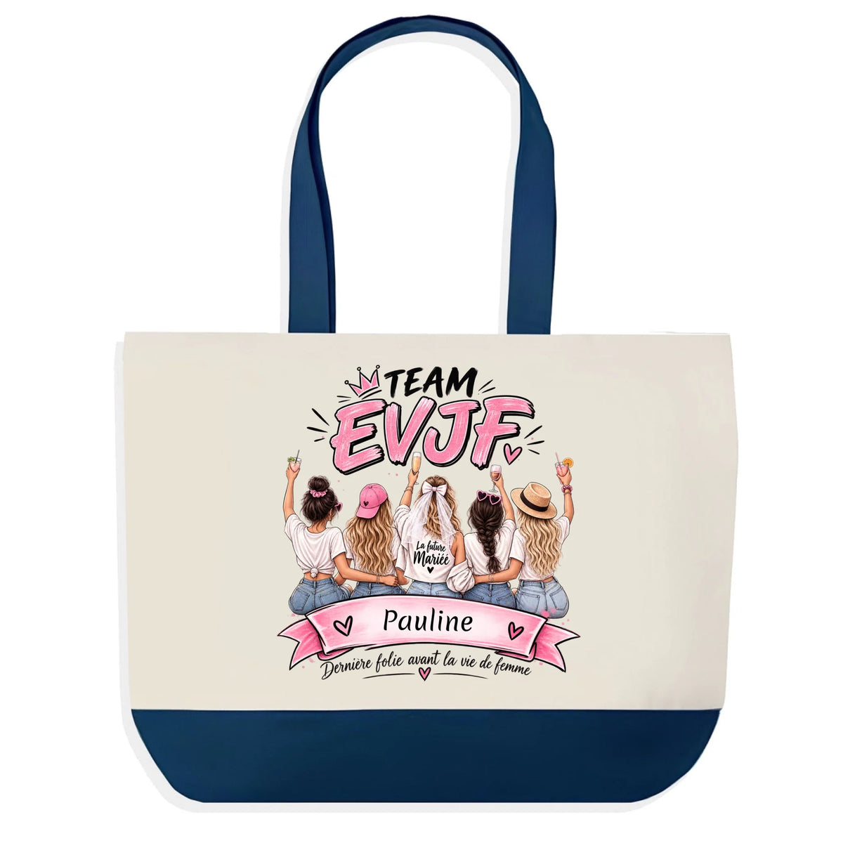Sac en jute bleu personnalisé Team EVJF avec prénom de la future mariée