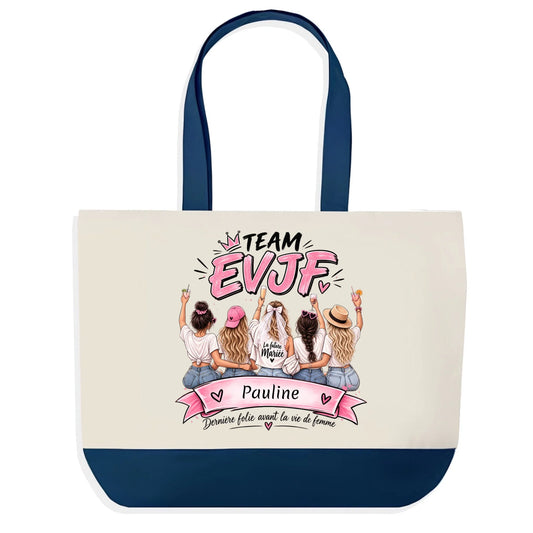 Sac en jute bleu personnalisé Team EVJF avec prénom de la future mariée