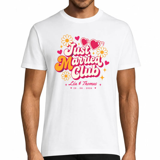 T-shirt homme blanc Just Married Club personnalisé avec prénoms et date de mariage