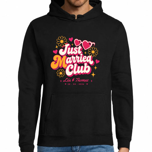 Sweat à capuche homme noir Just Married Club personnalisé avec prénoms et date | Vulpa