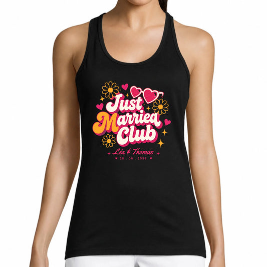 Débardeur femme noir Just Married Club personnalisé avec prénoms et date | Vulpa