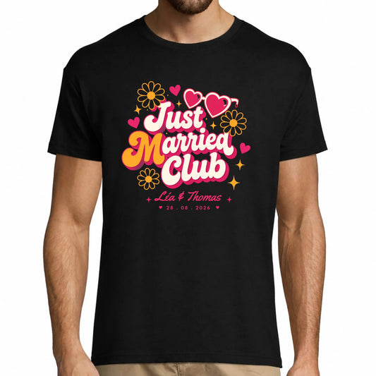 T-shirt homme noir personnalisé Just Married Club avec prénoms et date | Vulpa