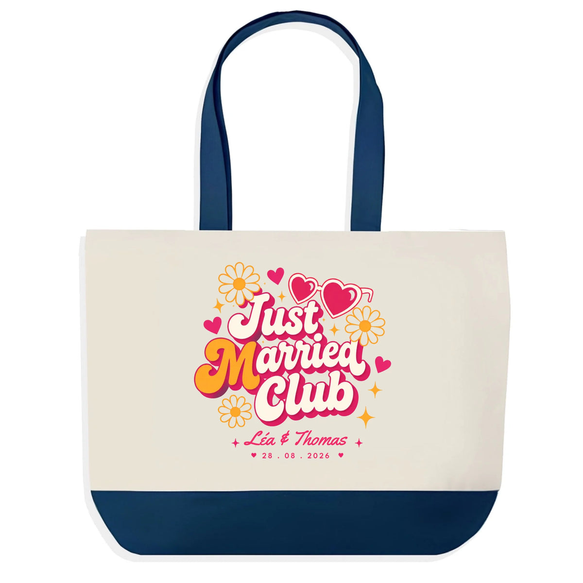 Sac en jute Just Married Club personnalisé avec prénoms et date des mariés
