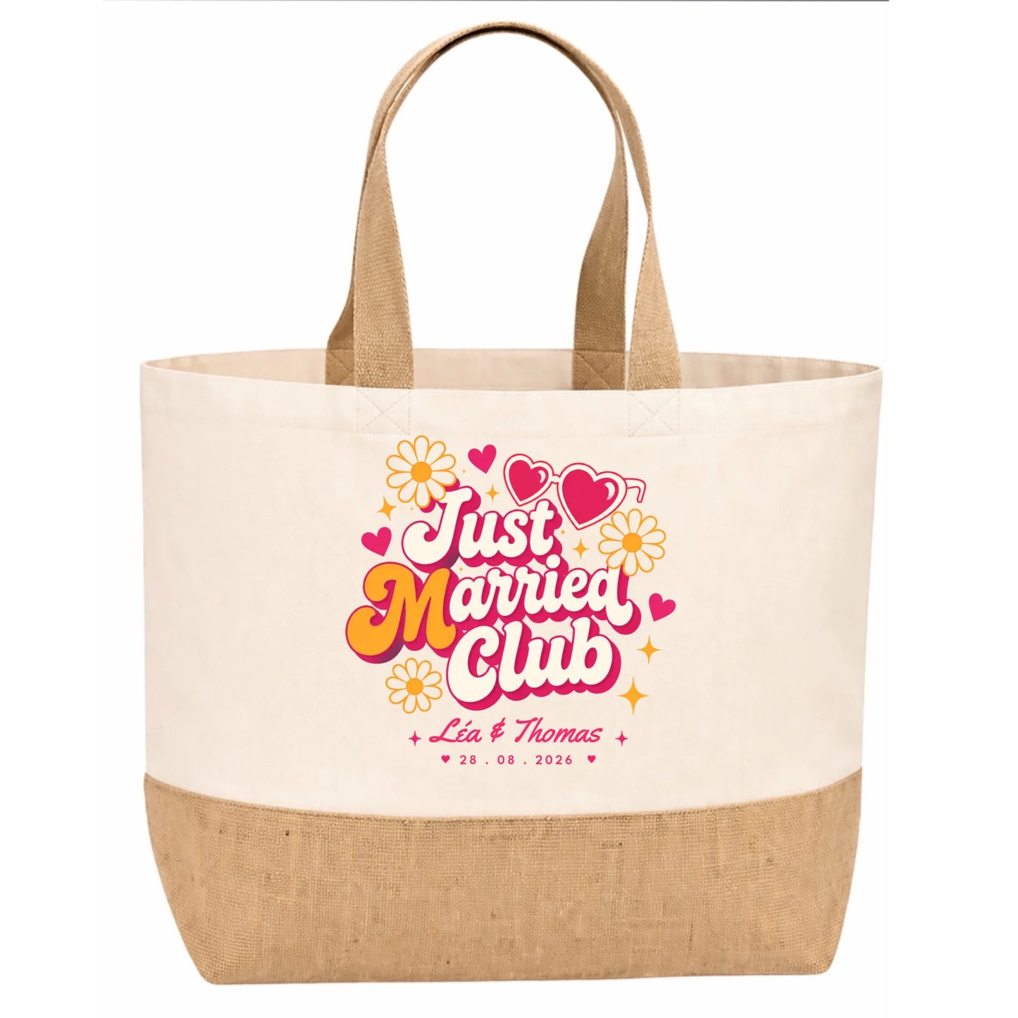 Sac en jute Just Married Club vu de profil, personnalisable avec prénoms et date