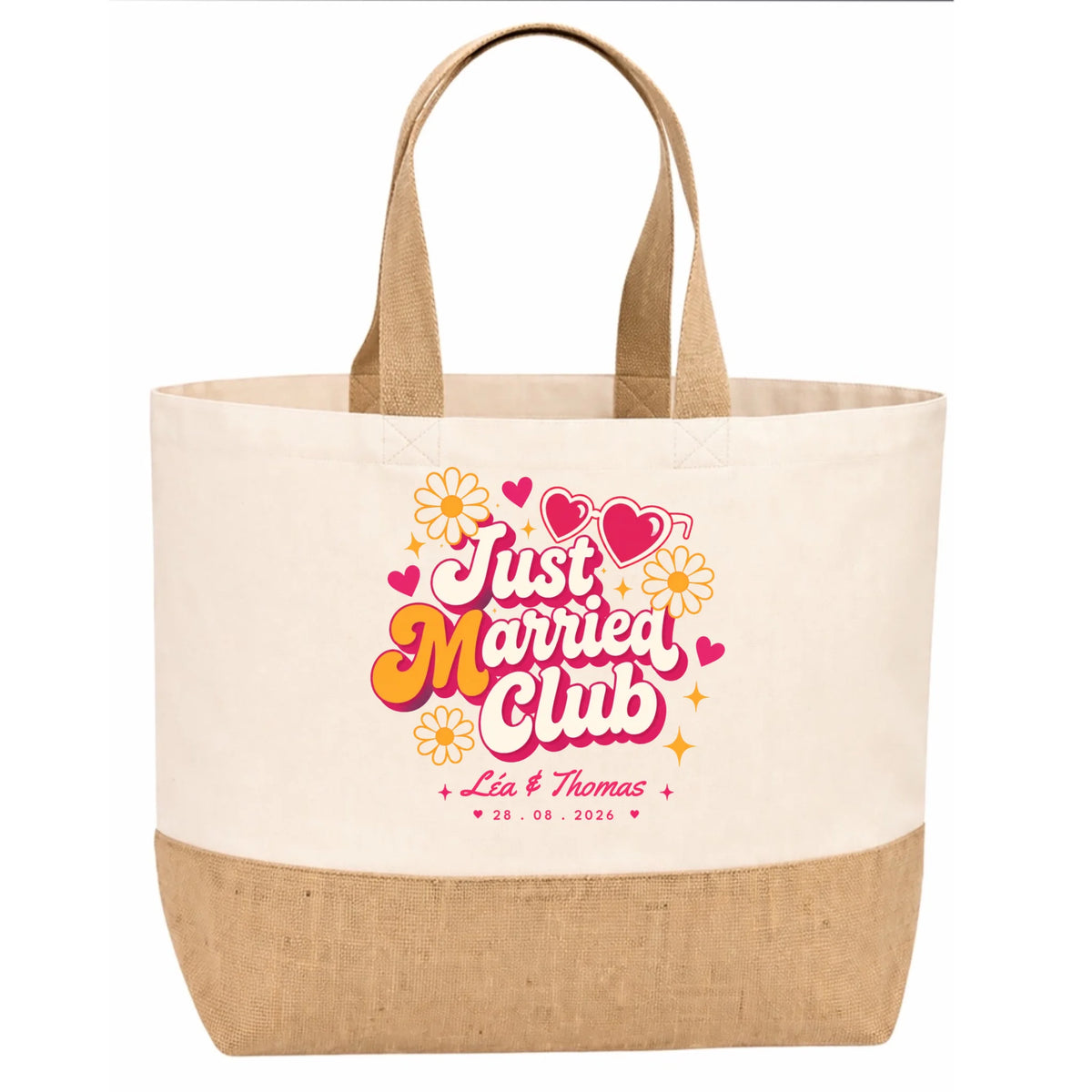 Sac en jute Just Married Club vu de profil, personnalisable avec prénoms et date
