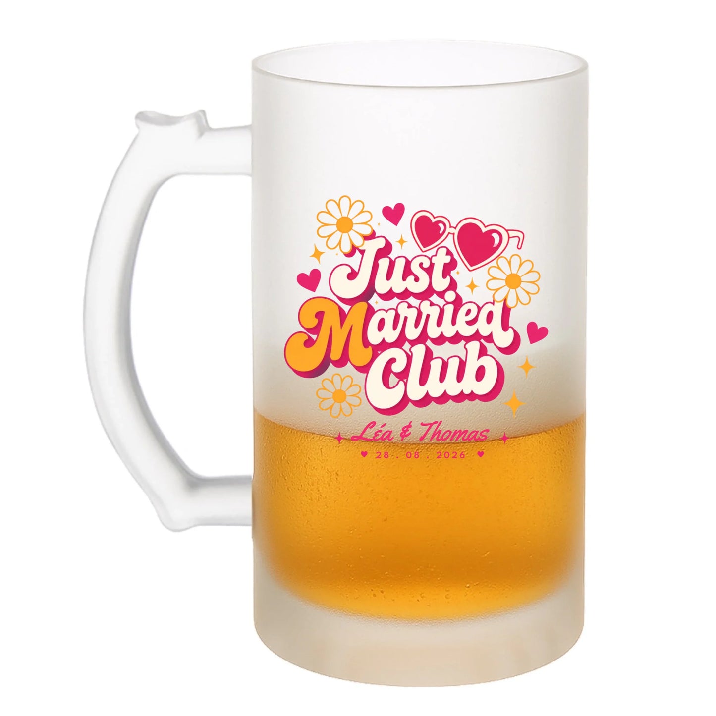 Chope à bière Just Married Club vue de côté, personnalisable avec prénoms et date