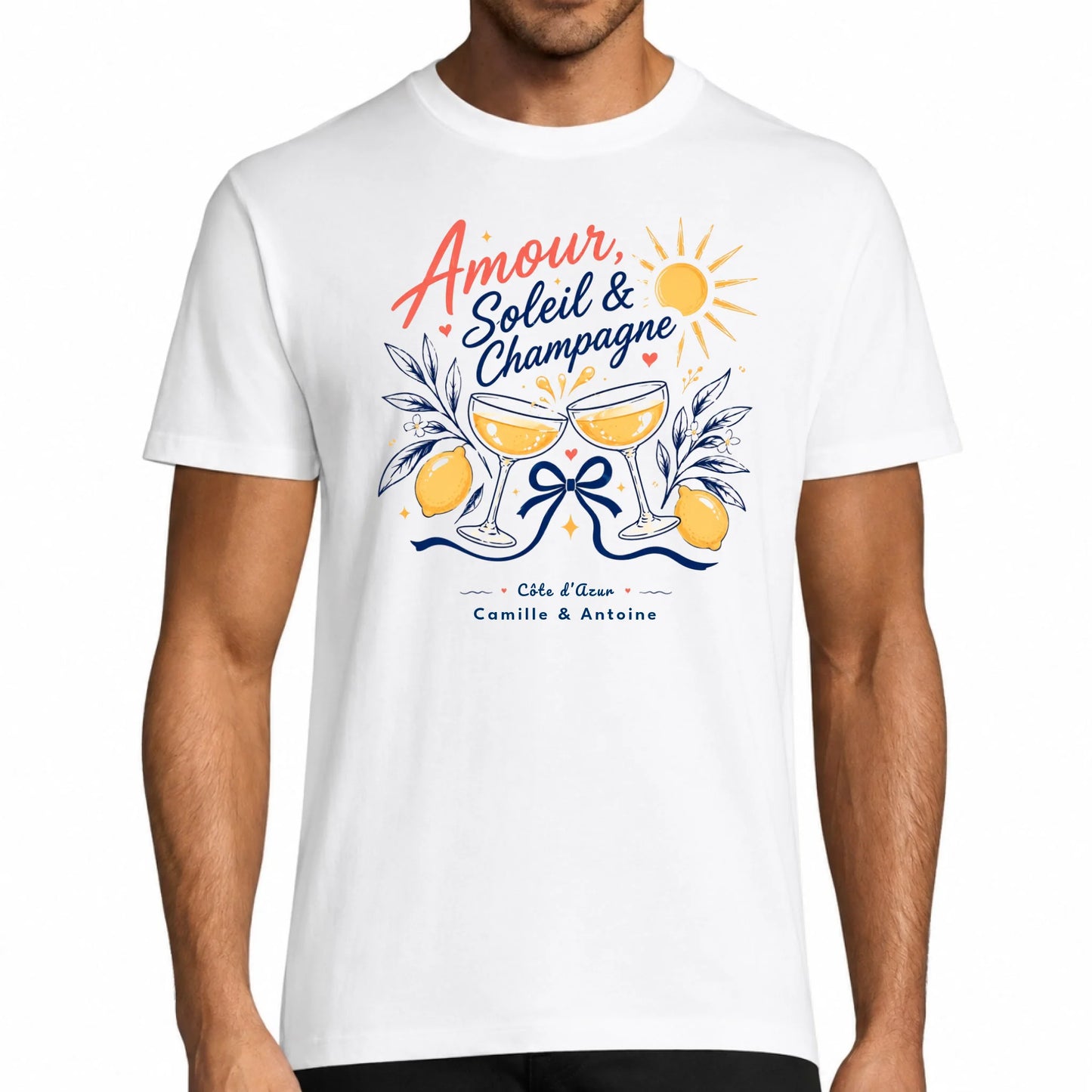 T-shirt homme blanc Amour Soleil & Champagne personnalisé avec prénoms et lieu
