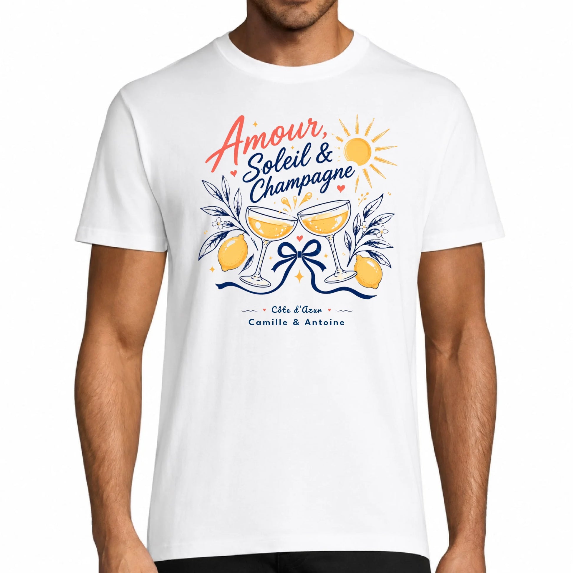 T-shirt homme blanc Amour Soleil & Champagne personnalisé avec prénoms et lieu