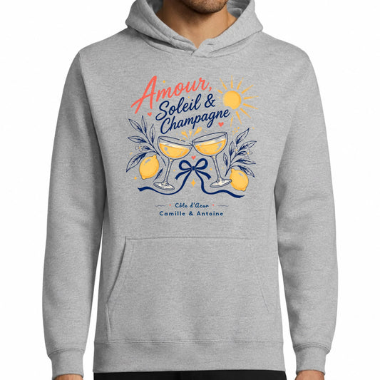 Sweat à capuche homme gris personnalisé Amour, Soleil & Champagne | Vulpa