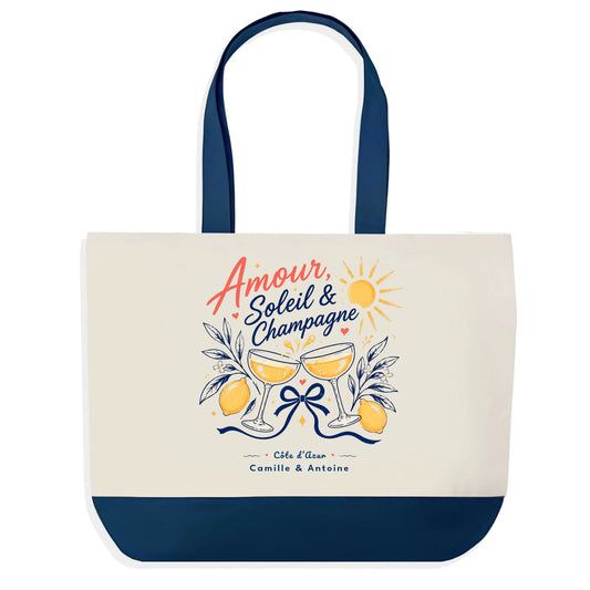Sac en jute Amour Soleil & Champagne personnalisé avec prénoms et lieu du mariage