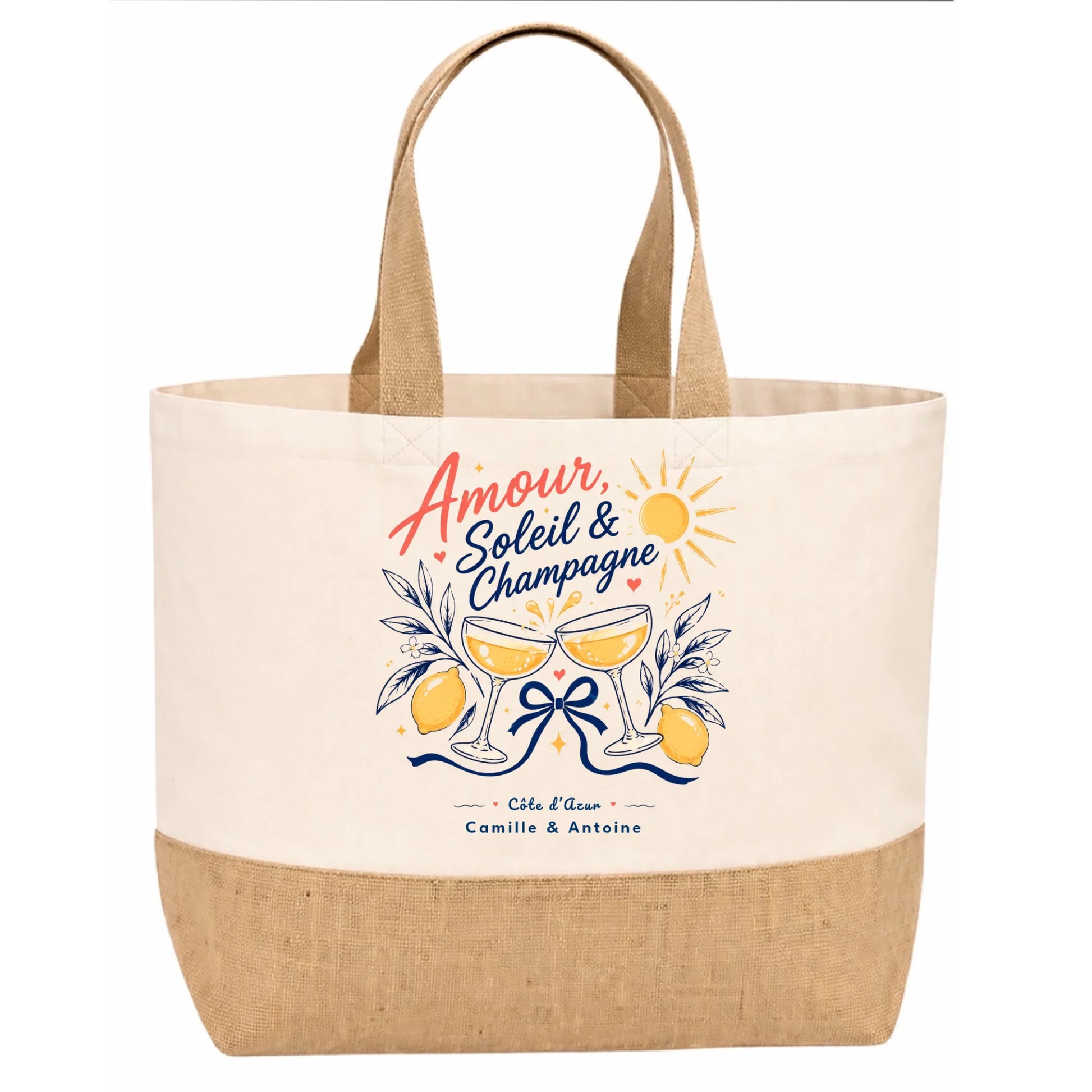 Sac en jute Amour Soleil & Champagne vu de profil, personnalisable avec prénoms et lieu