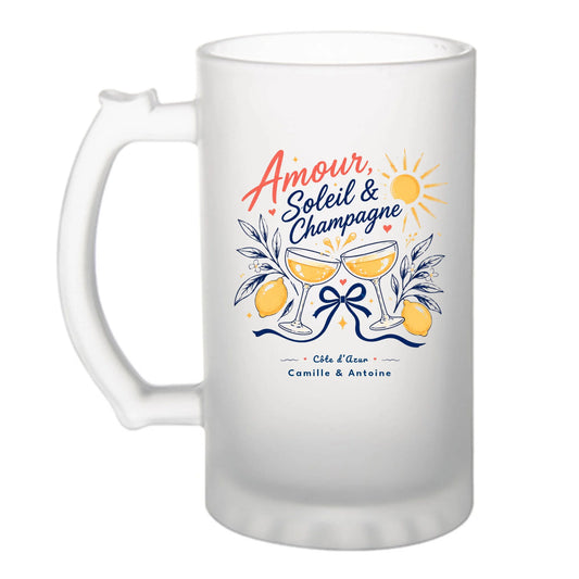 Chope à bière Amour Soleil & Champagne personnalisée avec prénoms et lieu du mariage