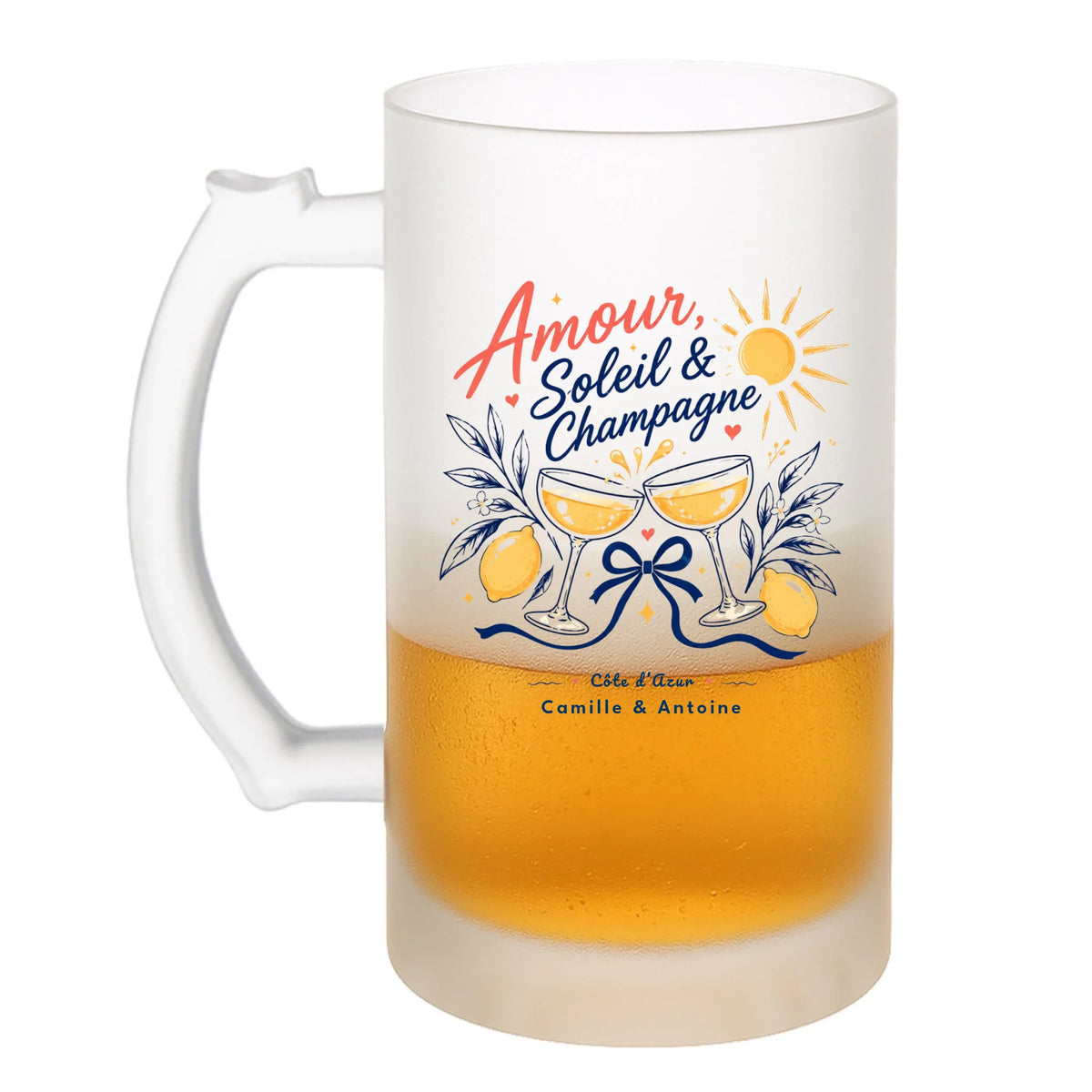 Chope à bière Amour Soleil & Champagne vue de côté, personnalisable avec prénoms et lieu