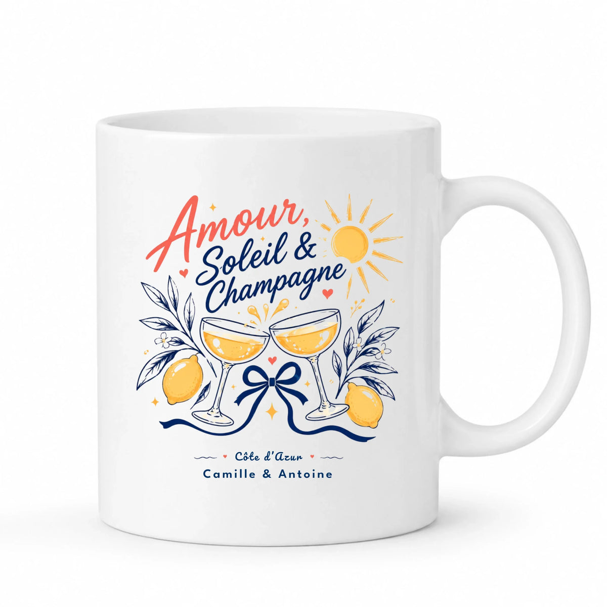 Mug Amour Soleil & Champagne personnalisé avec prénoms et lieu du mariage