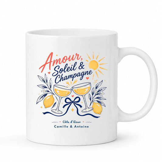 Mug Amour Soleil & Champagne personnalisé avec prénoms et lieu du mariage