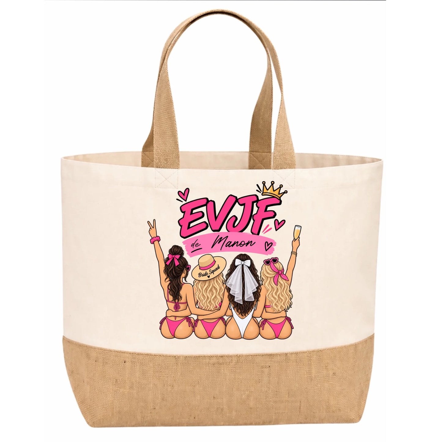 Sac en jute beige EVJF personnalisé Mariée pour la vie avec prénom