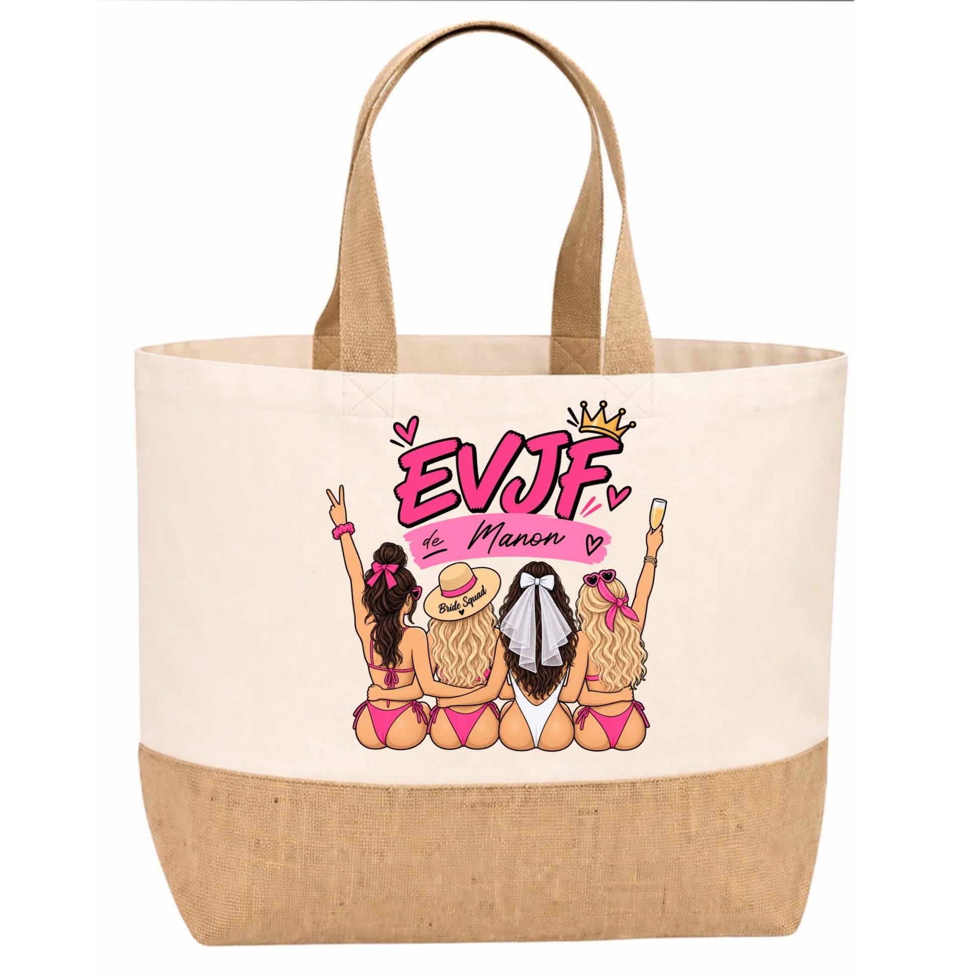 Sac en jute beige EVJF personnalisé Mariée pour la vie avec prénom