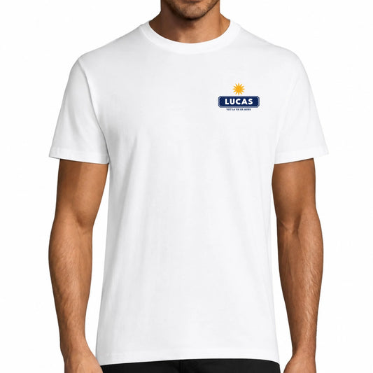 T-shirt homme blanc personnalisé Voit la Vie en Jaune avec prénom