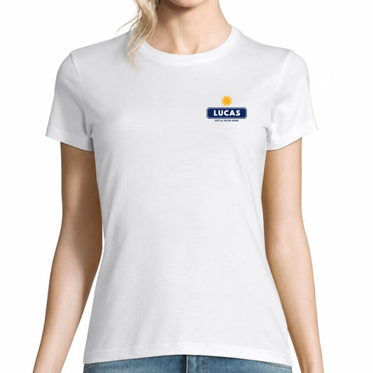 T-shirt femme blanc personnalisé Voit la Vie en Jaune avec prénom | Vulpa