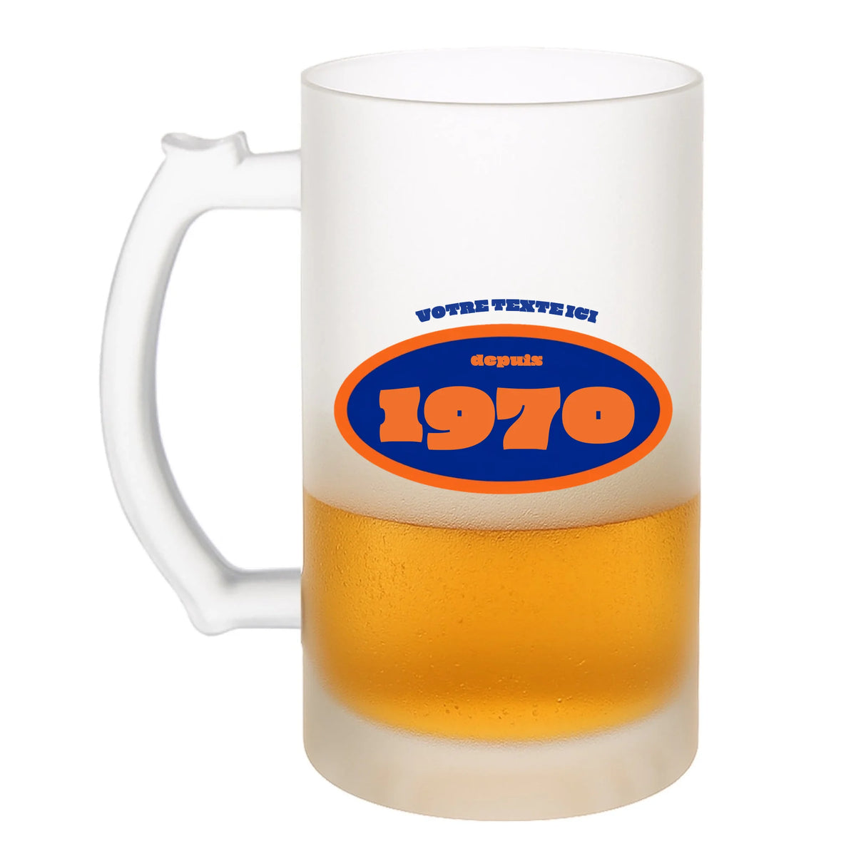 Chope à bière anniversaire vue de côté, personnalisable avec texte et année