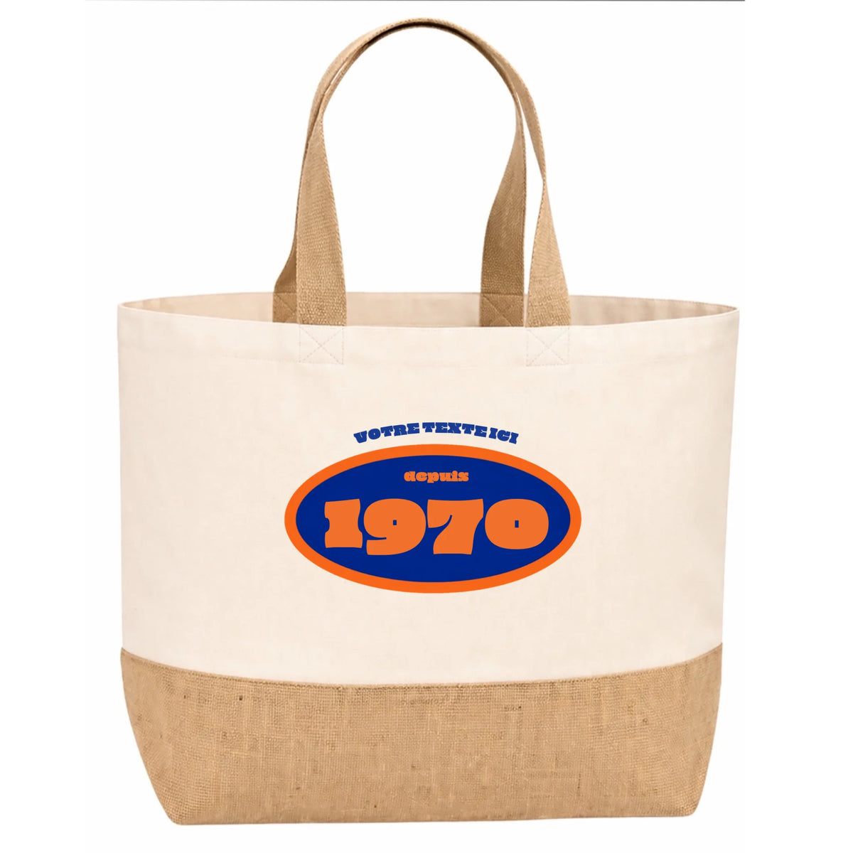 Sac en jute anniversaire vu de profil, personnalisable avec texte et année