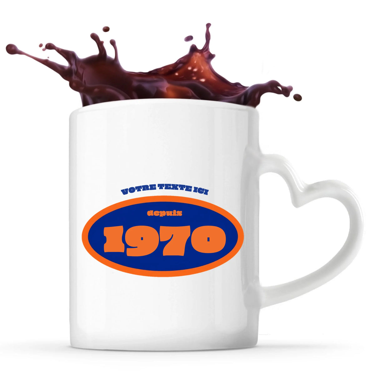 Mug anniversaire vu de face avec anse, personnalisable avec texte et année