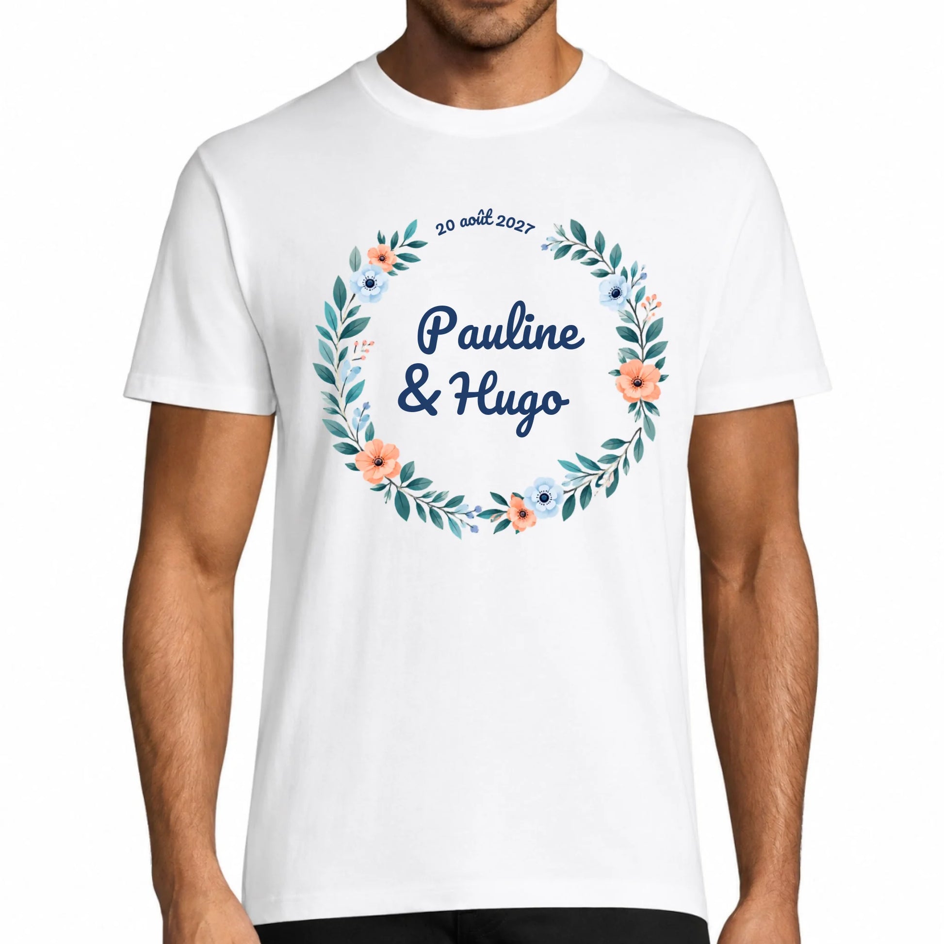 T-shirt homme blanc mariage personnalisé avec prénoms des mariés, date et motif floral