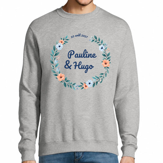 Sweat homme gris mariage personnalisé prénoms et date des mariés | Vulpa