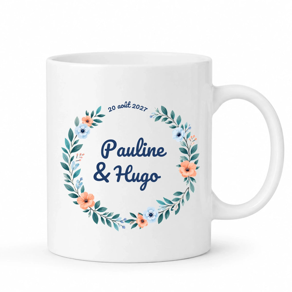 Mug blanc mariage personnalisé avec prénoms des mariés, date et motif floral