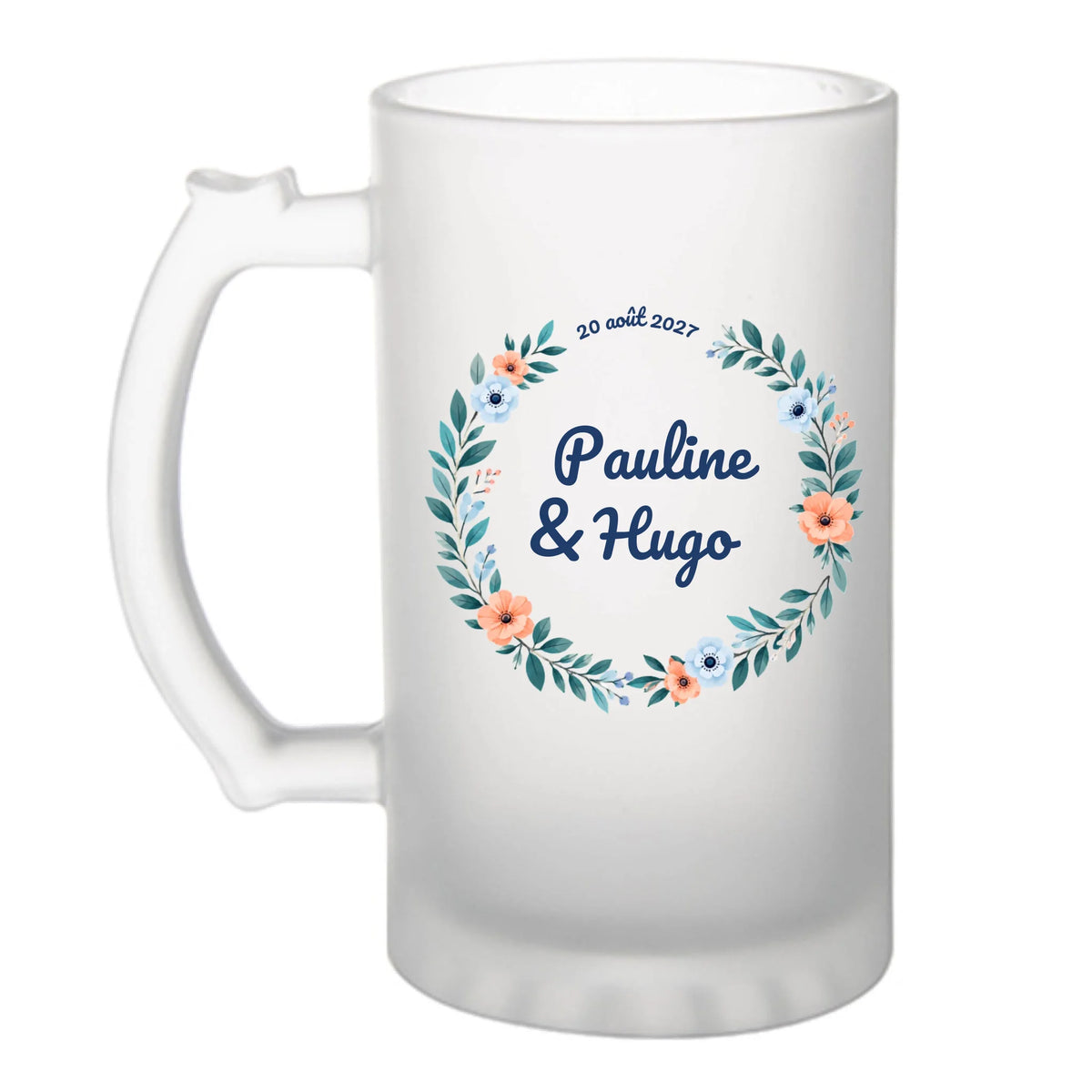 Chope à bière mariage personnalisée avec prénoms des mariés, date et motif floral
