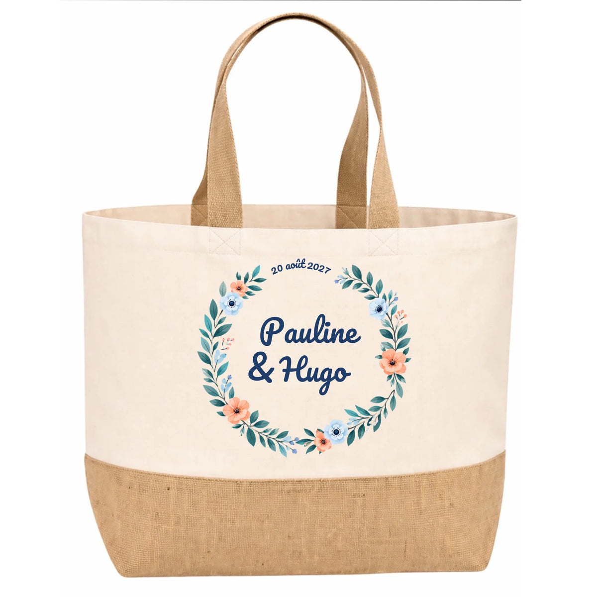 Sac en jute beige mariage personnalisé avec prénoms des mariés, date et motif floral