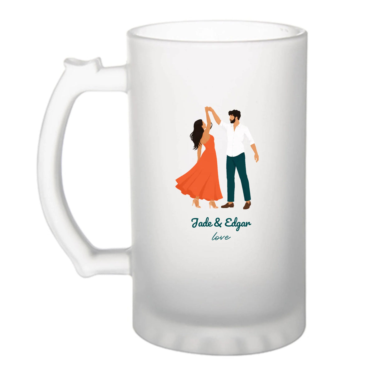 Chope à bière illustration couple qui danse, personnalisable avec deux prénoms