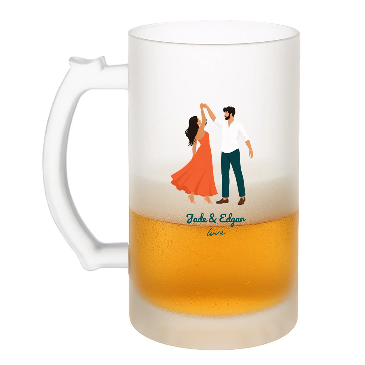 Chope à bière vue de côté, illustration couple qui danse personnalisable