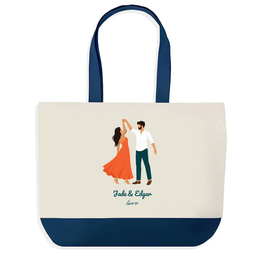 Sac en jute illustration couple qui danse, personnalisable avec deux prénoms