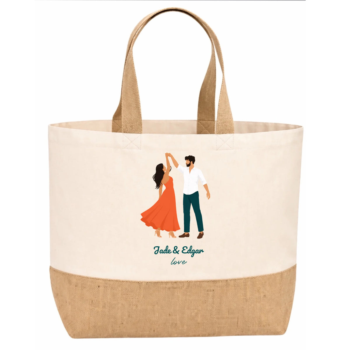 Sac en jute vu de profil, illustration couple qui danse personnalisable