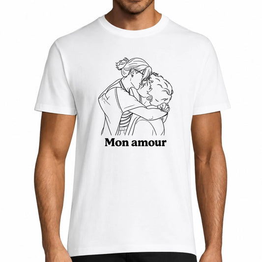 T-shirt homme blanc personnalisé Mon Amour, couple en line-art | Vulpa