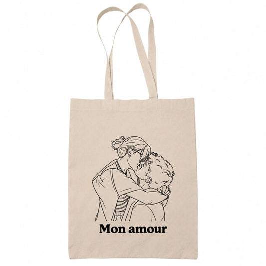 Tote bag beige personnalisé Mon Amour, couple en line-art | Vulpa