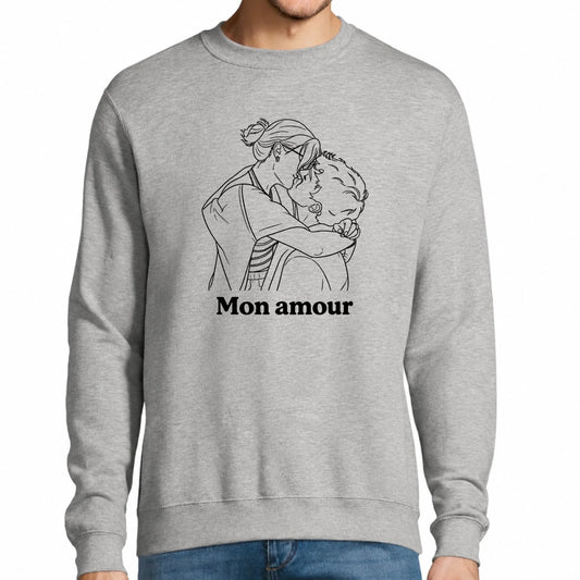 Sweat homme gris personnalisé Mon Amour, couple en line-art | Vulpa