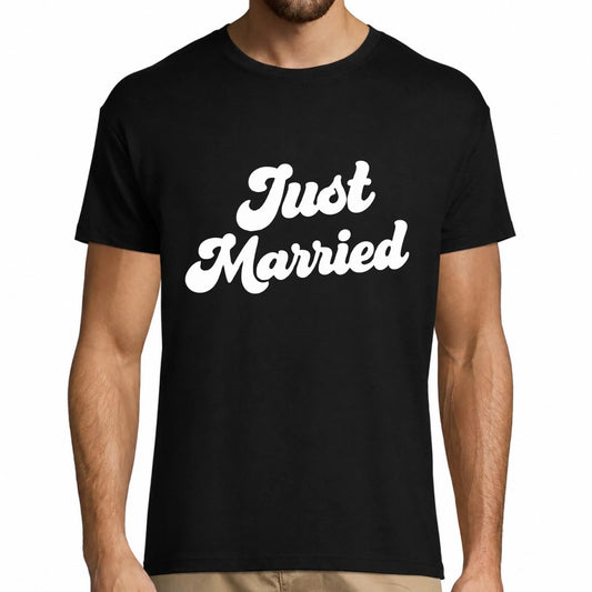 T-shirt homme noir mariage Just Married, style rétro | Vulpa