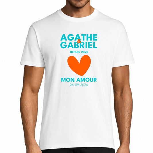 T-shirt homme blanc personnalisé Prénoms & Date des Amoureux | Vulpa