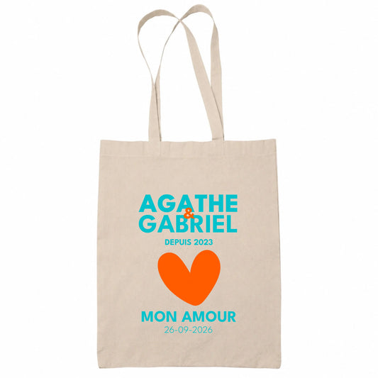 Tote bag beige personnalisé Prénoms & Date des Amoureux | Vulpa